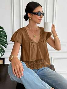 Blusa de mujer con cuello en V, manga corta y espalda con lazo, de encaje y parches, 100% algodón, estilo romántico francés, con diseño de espalda descubierta y mangas abullonadas, versátil para uso diario/casual, verano para mujeres, Día de San Valentín, Carnaval, vacaciones, blusa casual, top Y2K, blusa de encaje, blusa bohemia, top de encaje - Rosa vieja - Ver 2