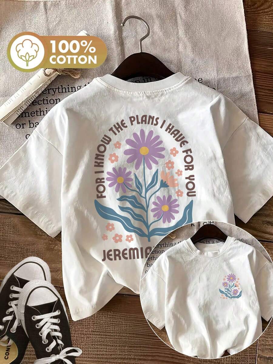 Women's Pure Cotton T-Shirt With Double Side Print, Fresh Floral Pattern And "I Know The Plans Jeremiah" Slogan, Casual Short Sleeve Round Neck Top For Spring/Summer, Yang K-T Shirt Damen - White - View 1