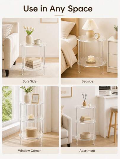 1 chiếc bàn phụ tròn bằng acrylic trong suốt, bàn phụ 2 tầng hoặc 3 tầng có ngăn chứa đồ, bàn đầu giường acrylic tối giản hiện đại, bàn cạnh sofa cho không gian nhỏ, kệ tròn đựng cốc cà phê, sách, cây cảnh, hộp khăn giấy, thích hợp cho phòng khách, phòng ngủ, căn hộ, phòng ký túc xá, cạnh cửa sổ và trang trí nội thất nhà cửa.