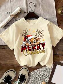 Women's Christmas Graphic T-Shirt With Red Reindeer And Merry Christmas Design - Casual Short Sleeve Crew Neck T-Shirt With Reindeer And Snowflake Print Y2k - 卡其色 - 查看 10