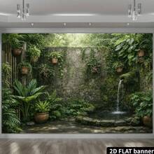2D Flat Stone Wall Bamboo Forest Waterfall Backdrop, Ivy Green Plants Ceramic Pot Moss Rocks Aquatic Scene, Natural Mori Style, High Definition Printing, Polyester Material, No Power Required, Suitable For Indoor And Outdoor Use - 27 - View 3