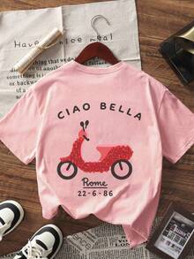 1 pieza Camiseta de manga corta con estampado para niña preadolescente, ropa juvenil estudiantil, regalo de verano para niños - Rosa - Ver 2