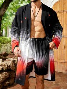 Plus-Size Men's Casual Suit Featuring A Gradient Polka Dot Design, This Black And Red Kimono-Style Cardigan And Shorts Set - Mixed Colors - View 2