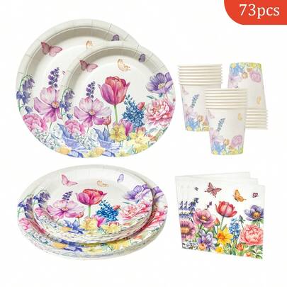 Bộ đồ dùng tiệc dùng một lần cho 16 người, gồm đĩa, khăn ăn và cốc giấy họa tiết hoa màu nước, thích hợp cho sinh nhật, đám cưới, tiệc theo chủ đề, dã ngoại gia đình.