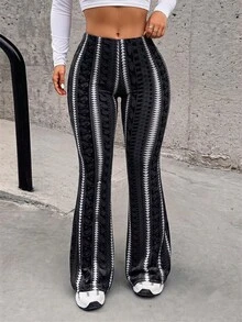 Women's Plus Size Black & Grey Paisley Striped High Waist Flare Leggings, Y2K Streetwear Trousers, Sexy Daily Outfits - 黑色+藍色 - 查看 3