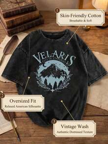 Velaris ACOTAR, Velaris City Of Starlight, Women's Black Washed Crew Neck Short Sleeve T-Shirt, Slim Fit, Punk Style, Versatile, Korean Style, Comfortable, Retro, Y2k Style, From The Washable Retro Series Of Pure Cotton T-Shirts, Makes It Easy To Create Retro Casual Wear. They Are Suitable For Daily Commutes, Leisure Outings, And Everyday Outfits. Classic Retro Style Women's Clothing - 黑色 - 查看 4