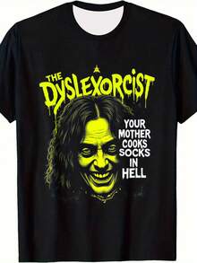 Herren Gothic-Horror-T-Shirt mit gelbem Dämonenkopf & Design zur Aufmerksamkeit auf Legasthenie – Aufdruck "THE DYSLEXORCIST YOUR MOTHER COOKS SOCKS IN HELL", Rundhals-Kurzarm-Freizeitshirt, geeignet für Halloween, Weihnachtsgeschenke, legasthenikerfreundliche Kleidung. - Schwarz - Übersicht 7