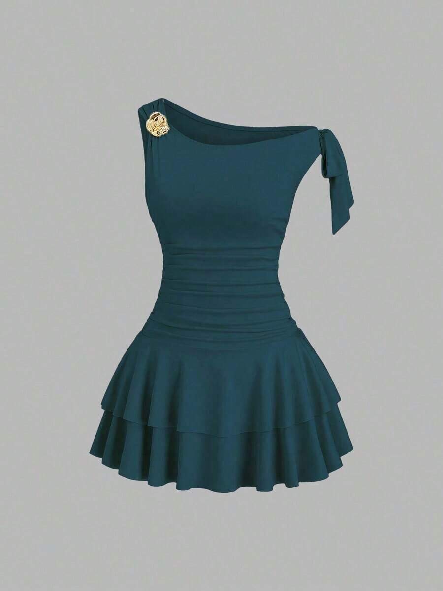 corto elegante rosa para mujer, vestido con capas dulce y suave para primavera/verano - Agua verde azul - Ver 1