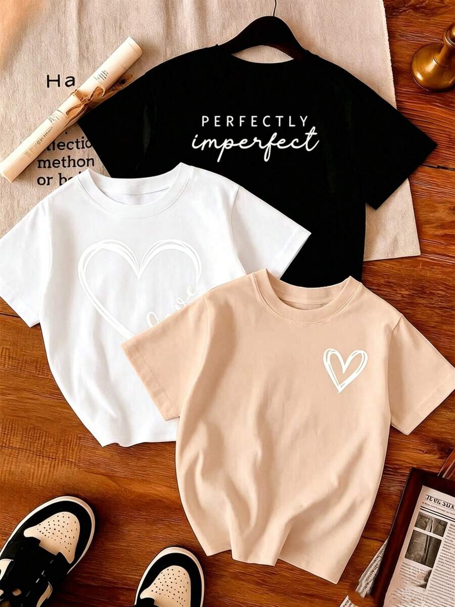 Single Garment, Not A 3-Piece Set. 1 Piece/Set Of Short-Sleeved T-Shirts Suitable For Streetwear. Oversized Crew Neck Top For Daily Outings, Camping, Concerts, Hip-Hop, Rock, And Rap Events. Women's Basic Crew Neck Short-Sleeved T-Shirts, 100% Cotton With A Cute Heart Print - 黑色 - 查看 1