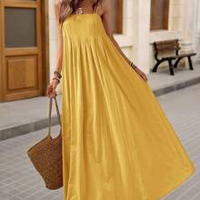 Women's Loose Solid Color Woven Dress, Suitable For Spring/Summer Vacation Solid Color Dress Green Maxi Dress Summer Dress - Amarillo - Ver 5