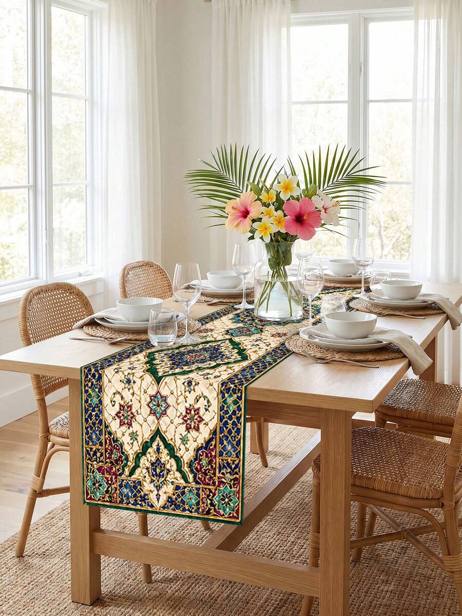 1Pc Bohemian Moroccan Floral Geometric Pattern Table Runner, Vintage Polyester Tablecloth Table Runner, Rectangular Long Table Cover With Ornate Tile Motif, Elegant Decorative Dining Table Runner, Anti-Fade Washable Durable Fabric Table Cover For Kitchen Dining Room Coffee Table Party Wedding Holiday Decor - Multicolor - View 1