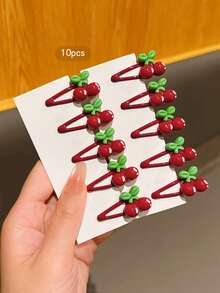 10pcs Red Cherry BB Hair Clips, Sweet Style Suitable For Daily Use Hair Accessories - Multicolor - View 5