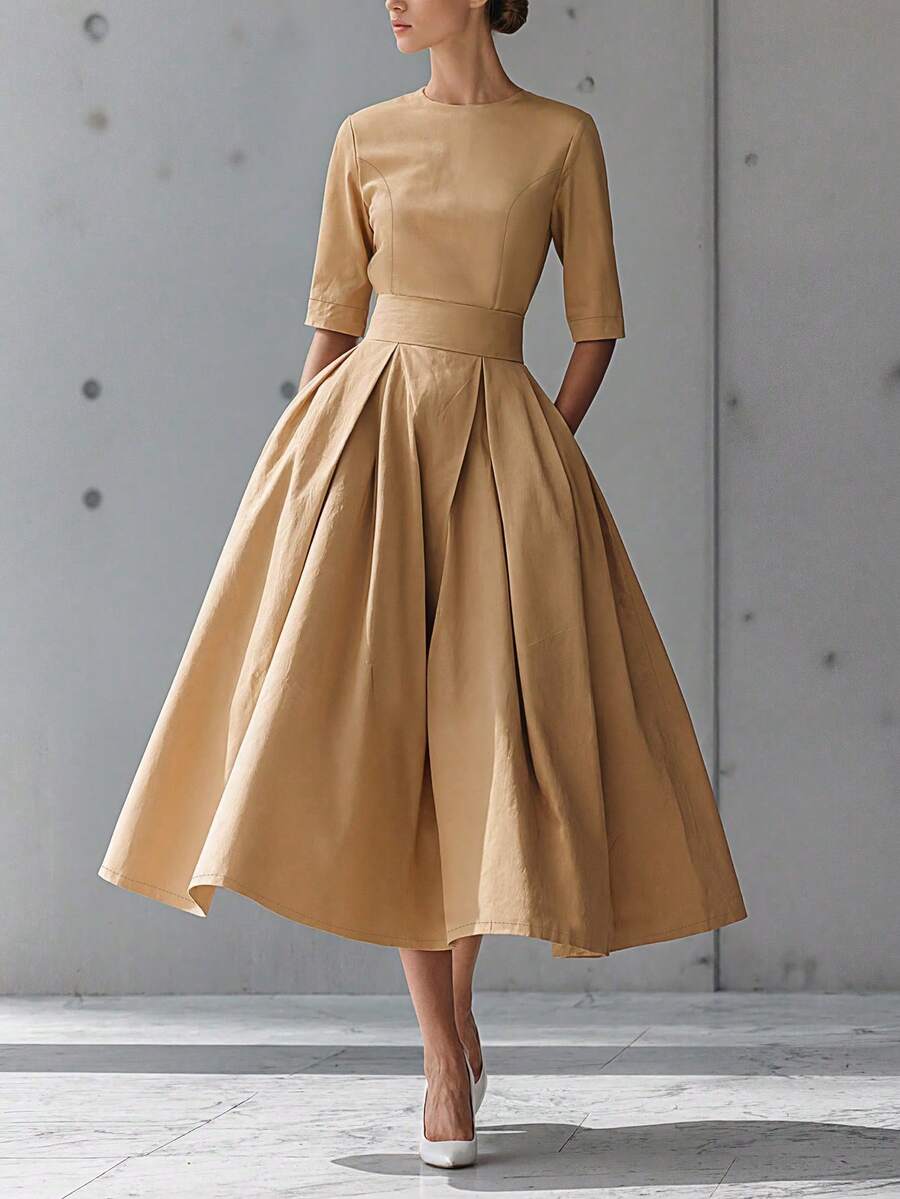 Elio Closet 女士夏季时尚休闲派对鸡尾酒会商务办公中袖A字连衣裙,适合派对、外出、通勤、社交场合、返校季、海滩度假等场合,优雅百搭。 - 卡其色 - 查看 1