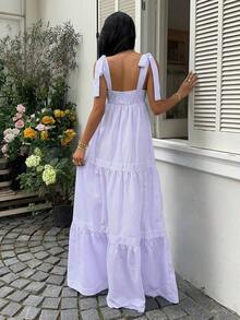 Vestido largo con correa de espagueti de cintura alta, escote cuadrado, sin mangas y espalda descubierta con cordón, a rayas azules, de estilo sexy y de vacaciones, para primavera/verano - Azul y blanco - Ver 2