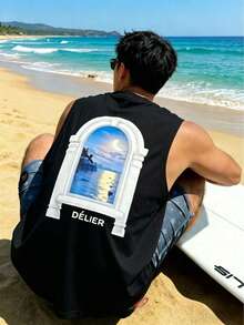 JINYA Men's Summer Casual Luxury Art Resort Style, Modern American Retro Surfing Seascape Scenery, Crew Neck Sleeveless Tank Top, Home, Outdoor, City, Regular, Vacation, Leisure, Youth, Minimalist, Campus, Retro Versatile, Personalized, Sports - Black - View 1