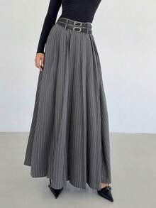 Falda plisada gris para mujer, falda larga de estilo "Old Money" de cintura alta con doble cinturón y bolsillos laterales con abertura, adecuada para uso formal, casual, trabajo, fiesta, viajes, negocios, docencia y uso diario, una prenda imprescindible para otoño e invierno - Gris Oscuro - Ver 4