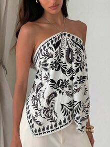 Blusa de mujer elegante con cuello de halter, estampado de tinte anudado y gasa para vacaciones en la playa - Blanco y Negro - Ver 9