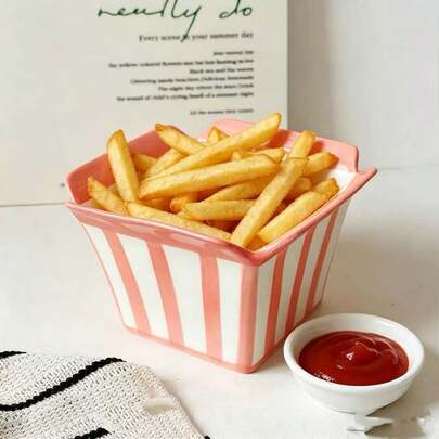 1pc Cartoon Striped Ceramic French Fry Bucket, Microwave Popcorn & Fried Chicken Bowl, American Retro Snack Storage Container For Movie Night, Party & Home Decor