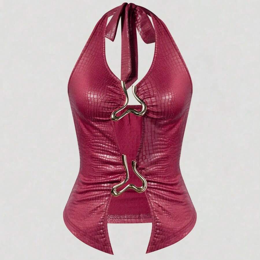 Top Halter con Estampado de Cocodrilo para Mujer, Top Ajustado de Piel Sintética, Estilo Moderno y Chic para Primavera/Verano, Ajuste Delgado para Uso Diario - Rojo - Ver 1