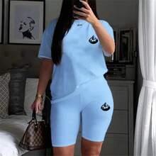 Conjunto Deportivo de Verano para Mujer, Camiseta y Pantalones Cortos Casuales de 2 Piezas, Ropa Deportiva para Correr al Aire Libre, Conjuntos Cómodos Más Vendidos - Azul - Ver 5
