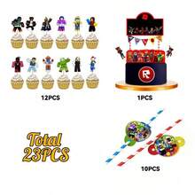 Roblox 23pcs Cartoon Theme Cake Decorative Flags, Multi-Color Fashion Print Design, Thick And Durable Material, Suitable For Birthday, Holiday Party Decoration, Wedding, Baby Shower, Gift Packaging - Roblo Boy Cake Flag Holder With Straw - View 7