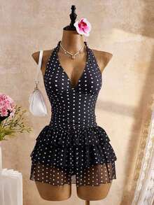 Bellisia Traje de baño con falda para mujer con estampado de puntos blancos sobre fondo negro, diseño de escote profundo en V con cuello de halter y espalda descubierta, con volantes de 3 niveles en el bajo, de gasa para playa, vacaciones o en la piscina - Negro - Ver 8