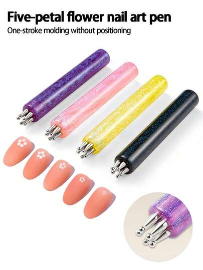 1pc 5-In-1 Nail Art Pen, Nail Art Pen, Multi-Head Dotting Pen, DIY Nail Art Tool For Polka Dots And Petal Patterns, Multiple Colors Available, DIY Style, Suitable For Drawing Petal Patterns, Carving And Setting Rhinestones. DIY Nail Art Supplies, Nail Art Pen, Nail Art Tools, Suitable For Nail Salons.