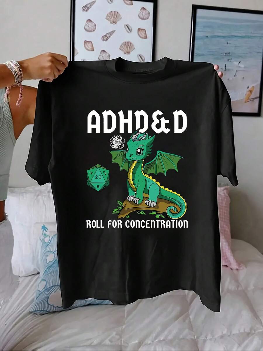 Camiseta de algodón de manga corta para mujer con estampado de "ADHD&D Concentration", camiseta casual de cuello redondo para verano y primavera, ropa de mujer. - Negro - Ver 1