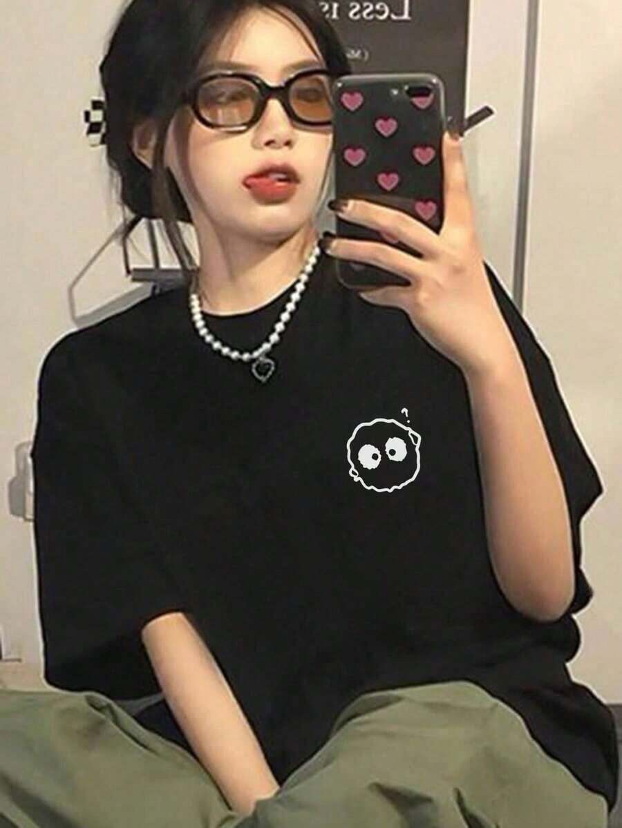 Women's Short-Sleeved T-Shirt, Casual, Loose Fit, Round Neck, Cartoon Print, Versatile For Spring/Summer, White. Suitable As A Gift. Women's T-Shirt. Blouses > Elegant. Boho Chic. - 黑色 - 查看 1