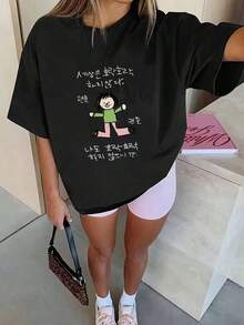 Women's Short-Sleeved T-Shirt, Casual And Simple, Decorated With Cartoon Character Prints, Modern And Versatile. Black. Suitable As A Gift. Women's T-Shirt. Blouses > Elegant. Boho Chic - 黑色 2 - 查看 7