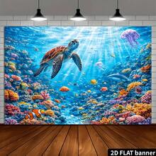 2D立体深海海龟背景，海龟在深海灯光下自由游动，周围环绕着生机勃勃的珊瑚和五彩缤纷的鱼群，采用优质涤纶面料，易于清洁，适用于各种场景。 - 24 - 查看 4