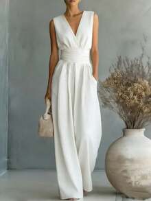 2026 Women Sleeveless Jumpsuit European American Spring Summer New Elegant V Neck Cinched Waist Casual Long Romper For Daily Wear Party - 白色 - 查看 5