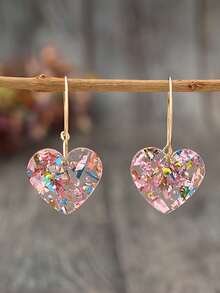 1 Pair Elegant Minimalist Sparkling Random Color Heart Pendant Earrings, Suitable For Daily, Commute, Date, Party - Christmas, New Year, Valentine's Day, Great Gift For Women, Friends. Slight Color Difference Is Normal. - Pink - View 1