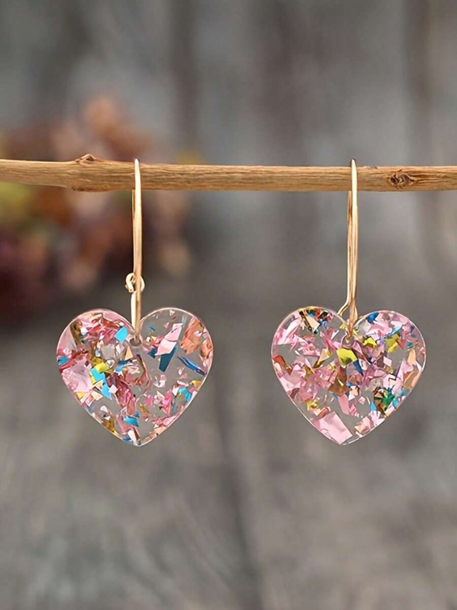 1 Pair Elegant Minimalist Sparkling Random Color Heart Pendant Earrings, Suitable For Daily, Commute, Date, Party - Christmas, New Year, Valentine's Day, Great Gift For Women, Friends. Slight Color Difference Is Normal. - Pink - View 1