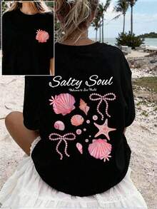 Women's Plus Size Pink "Salty Soul" Graphic T-Shirt, Short Sleeve, Stretchy Summer Top, Casual Vacation Tops, Black Tops For Women - Black - View 5