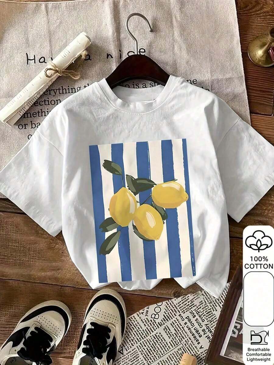 Summer Tops100% Pure Cotton Lemon Pattern Printed Versatile Women's Short-Sleeve T-Shirt (7)100% Cottoncotton T-Shirt - 白色 - 查看 1