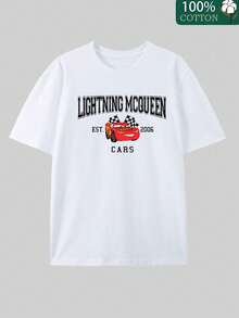 Disney Officially Licensed Graphic T Shirts 100 Percent Cotton Disney Shirt, Cars Lightning McQueen Routes 66 Checkered Flag T-Shirt, Unisex, 220g, Retro Race Car, Cartoon Graphic, Casual Short Sleeve - 白色 - 查看 4