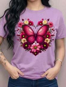 Women's Graphic Print T-Shirt With Butterfly, Magenta Heart, Flowers, Roses, Daisies, Spring/Summer, Round Neck, Short Sleeves, Casual Wear, Day/Night, Loose Fit - 紫丁香 - 查看 5