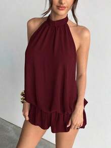 KIMW  Vestido casual de verano para mujer con cuello halter, unicolor y volantes en el bajo - Burdeos - Ver 5