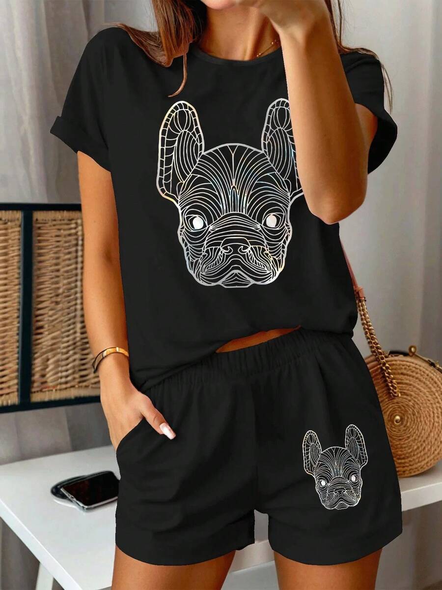 Conjunto de pantalones cortos de manga corta con cuello redondo y estampado de perros para mujer, informal, de verano, de poliéster y elastano, deportivo, negro y castaño - negro negro - Ver 1