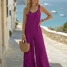 LUNE Women's Summer Loose Wide Leg Jumpsuit With Pockets, Fashionable Leisure Vacation Romper,Casual - Albaricoque - Ver 2