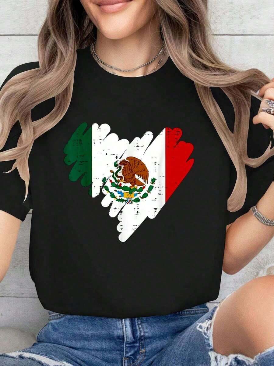 Camiseta de Algodón Estampada con la Bandera de México y Corazón para Mujeres, Niñas y Niños, para el Día de la Independencia Mexicana, para Verano, Camiseta de Manga Corta Suave para Mujer, Moderna y Cómoda. - Negro - Ver 1