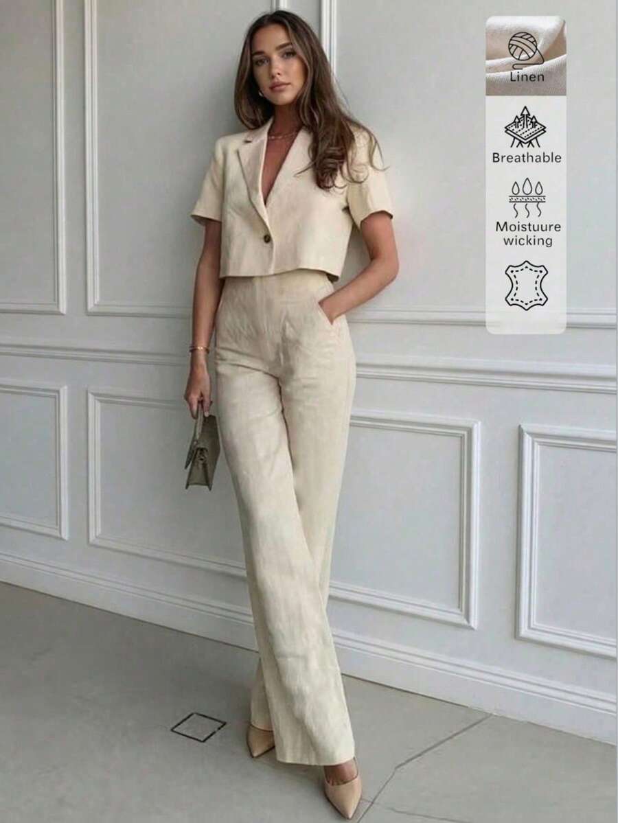 Set da 2 pezzi in lino, colore unito, elegante, casual, sexy, da ufficio, quotidiano, appuntamento, vacanza, estivo, leggero, traspirante, design, set estivo da donna, outfit estivi - Albicocca - Visualizzare 1