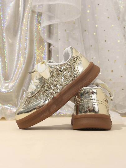 1 Pair New Glitter Rhinestone Decorated Soft Bottom Anti-Slip Gold Shiny Toddler Shoes