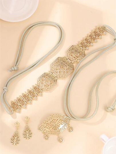 3pcs 18K Gold Plated Women Jewelry Set, Waist Belt, Brooch, Earrings, Vintage Hollow Style, Matching Set, Essential For Middle Eastern Women's Outfits, Freely Combinable, Adjustable Waist Belt, Suitable For Bride Wedding, Gala, Party