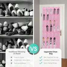 Over The Door Shoe Organizer For Closet Storage Breathable Mesh Black 35 Pockets With 4 Metal Hooks Large Capacity - 粉色 - 查看 4