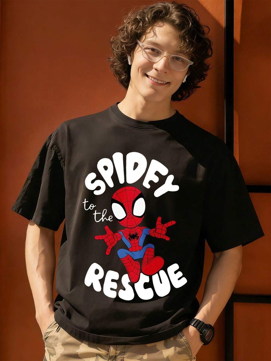 Marvel Spidey To The Rescue Graphic T Shirt 100 Percent Cotton Men T Shirt Universe Superhero Men's Summer Outfits Mens Clothing Mens Tops Streetwear Mens Gift Ideas Innerwear Or Outfits,Mens Fashion - màu đen - Xem 1