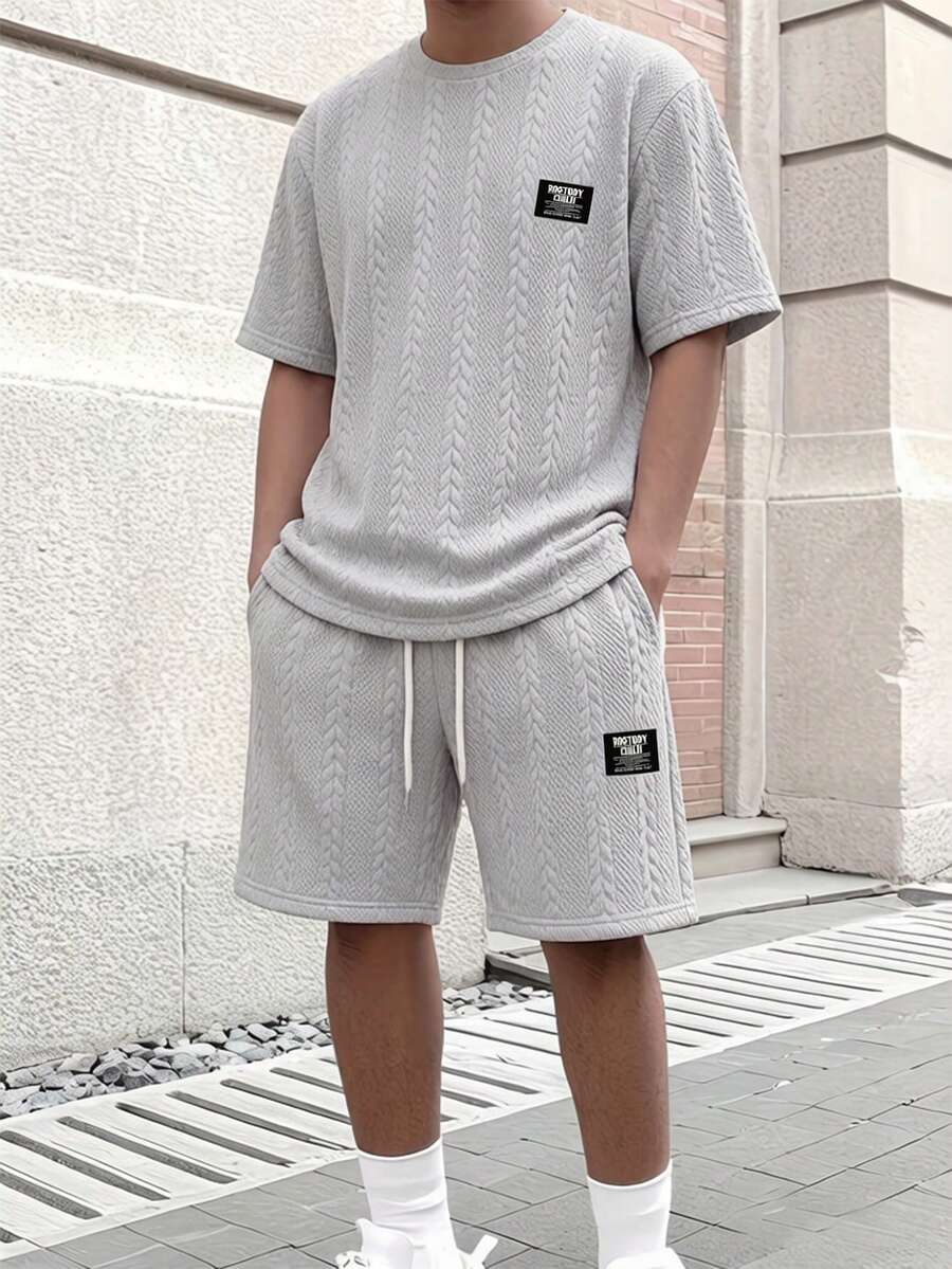 男士夏季字母印花圆领短袖休闲T恤和抽绳腰短裤套装 - 灰色 - 查看 1