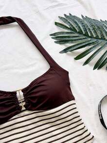 Conjunto Casual de 2 Piezas para Mujer: Top Halter a Rayas y Shorts para Vacaciones - Multicolor 2 - Ver 7