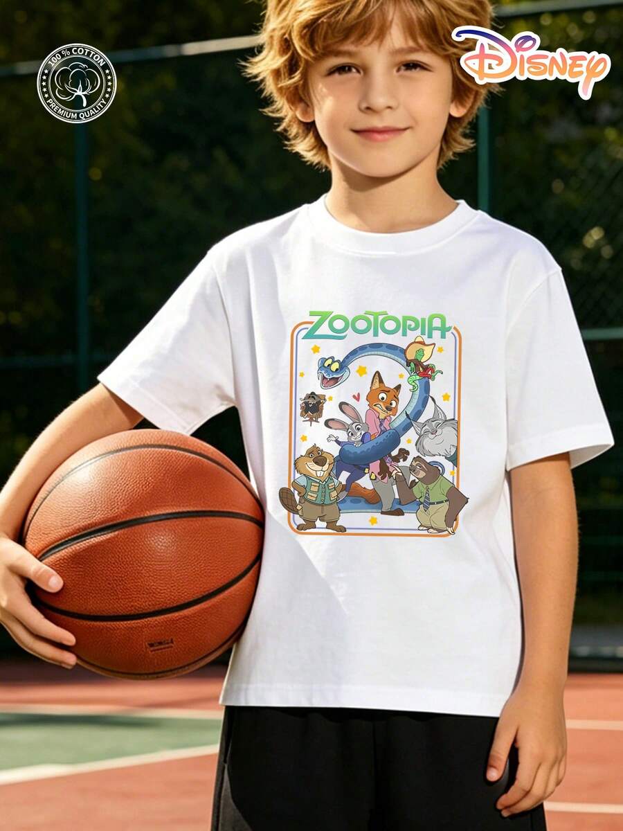 Disney Zootopia Kids T-Shirt, Group Characters Design, 100% Cotton, No Fade, Unisex For Boys & Girls, Ideal For Outdoor Activities, Sports, Daily Casual Wear & Travel Outfit, Great Children's Day Gift For Kids Ages 4-12 - trắng - Xem 1